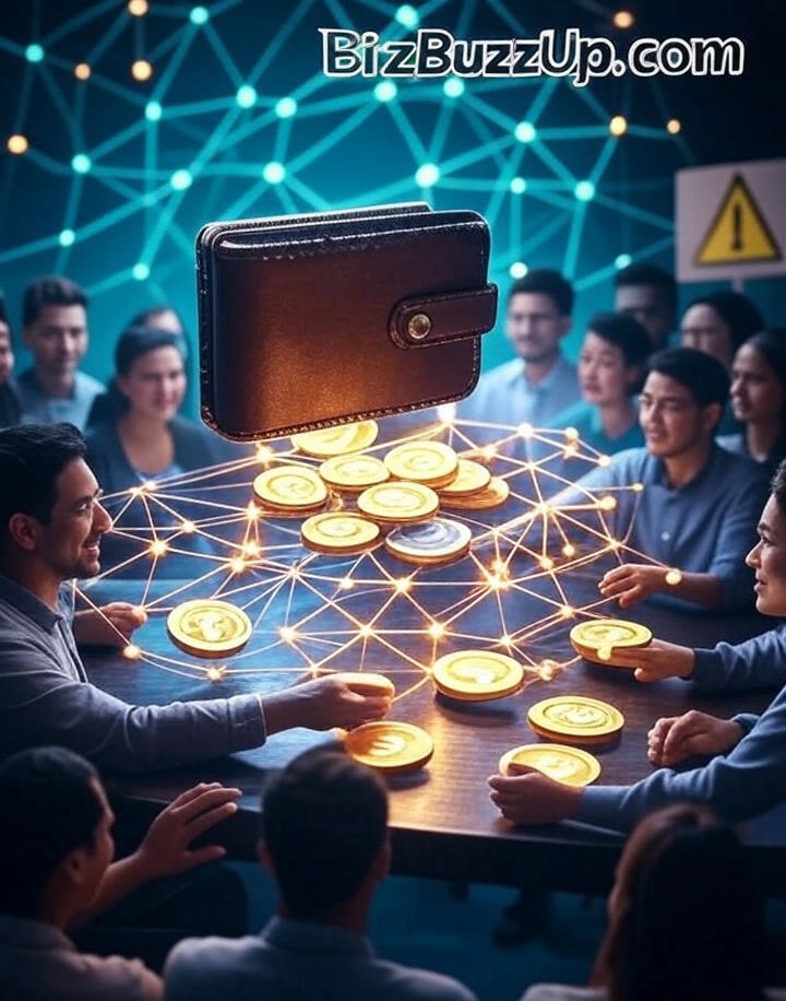 Illustration of crypto airdrops with blockchain tokens falling from the sky