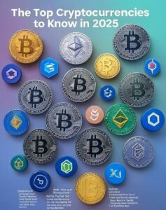 A vibrant image shows cryptocurrency coins (Bitcoin, Ethereum, Solana, USDT, USDC, Chainlink, Polygon) on a table during a meeting, highlighting utilities like smart contracts and Web3. "The Top Cryptocurrencies to Know in 2025" tops the image, with "BizBuzzUp.com" at the bottom. Professionals in a modern setting emphasize future trends.