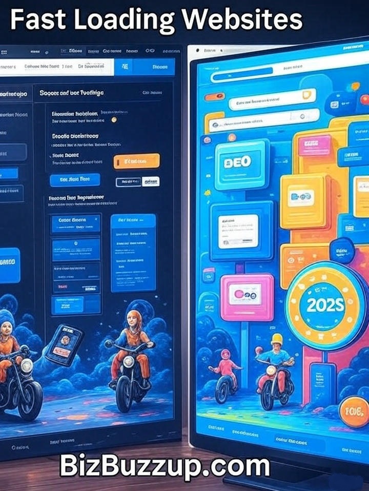 Illustration of a fast loading website on desktop and mobile devices symbolizing strong SEO performance in 2025
