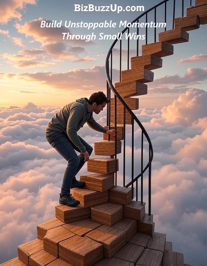 Person climbing glowing steps symbolizing small wins, progressing toward success and momentum with sunrise in the background