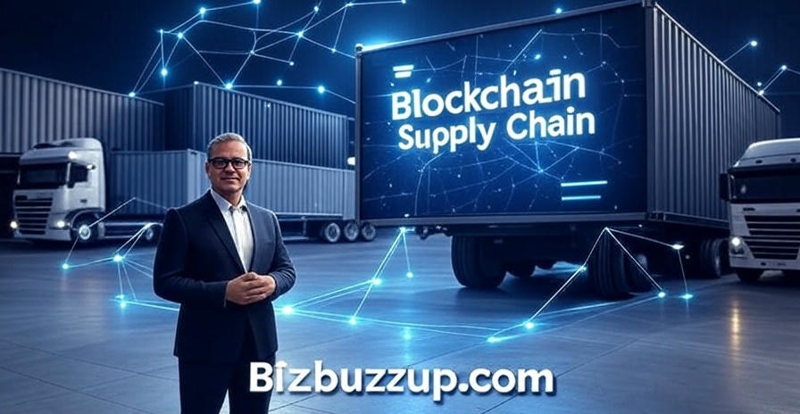 Illustration of a blockchain-enabled supply chain with shipping containers, trucks, and warehouses connected by digital nodes, symbolizing secure data tracking. A professional speaker stands in the background near a digital screen labeled 'Blockchain Supply Chain