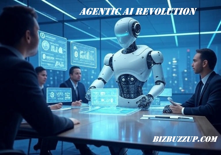 A humanoid AI robot leading a high-tech business meeting with holograms and digital dashboards in 2025