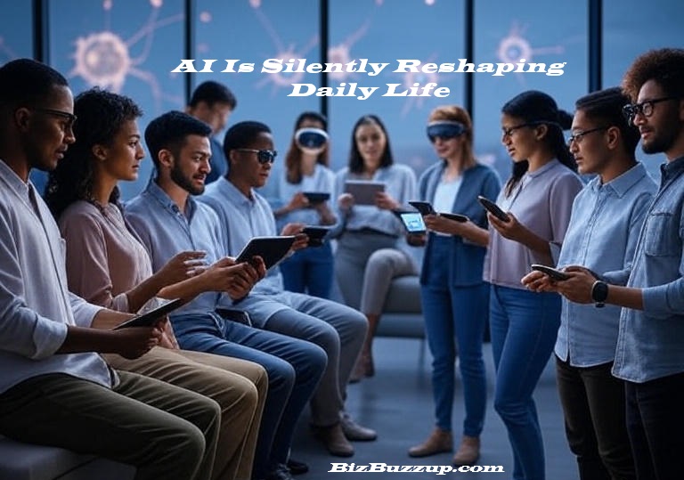 Futuristic scene of diverse people using AI-powered devices with glowing cityscape and neural network patterns symbolizing AI’s quiet transformation of daily life in 2025