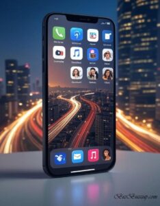 Smartphone displaying AI-powered apps with futuristic cityscape background symbolizing seamless integration in daily life.