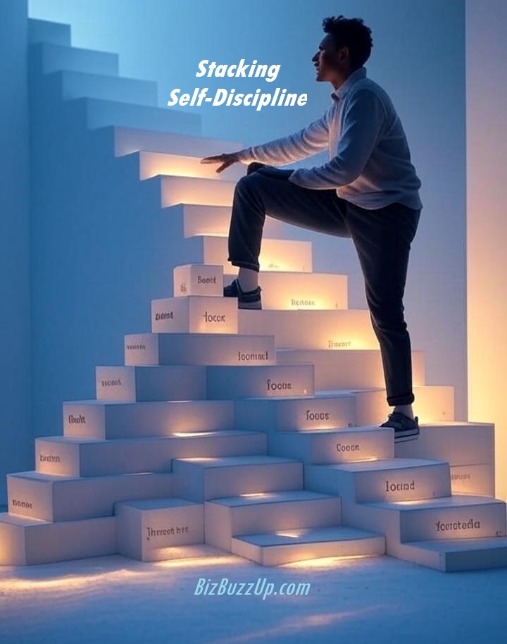 A person climbing a glowing staircase made of small habits, symbolizing personal growth and a structured discipline system, with a warm minimalist background.