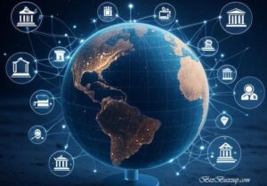 Digital globe connected by glowing AI neural networks surrounded by icons of jobs, education, government, and economy