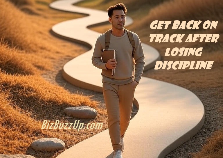 A person confidently walking along a winding path with broken sections now restored, symbolizing personal growth, recovery, and self-discipline.