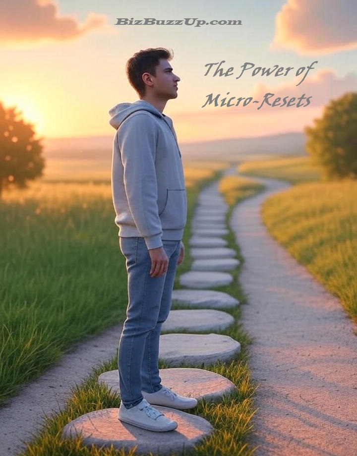 A person at a crossroads taking a peaceful side path of stepping stones, symbolizing a micro-reset and gentle progress. Warm sunrise tones in a calm, minimal setting