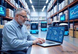 Bustling warehouse with autonomous delivery robots and business owner using AI chatbot on laptop with rising business charts