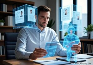 Office worker collaborating with holographic AI assistants analyzing data on floating screens in a high-tech workspace