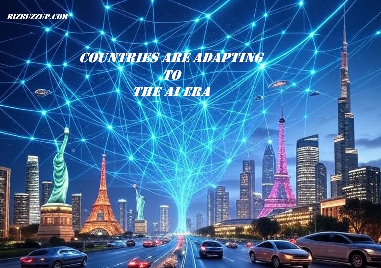 Futuristic global cityscape with iconic landmarks connected by glowing AI neural networks, symbolizing how countries are adopting artificial intelligence in 2025