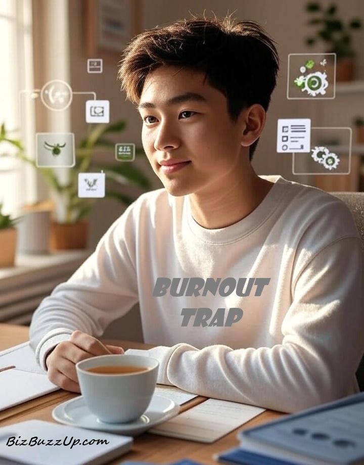 Calm and focused person practicing self-discipline in a peaceful workspace with planner, checklist, and soft lighting — symbolizing sustainable habits without burnout